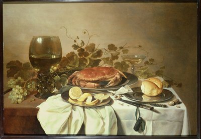 Ontbijt stilleven met roemer en een krab door Pieter Claesz